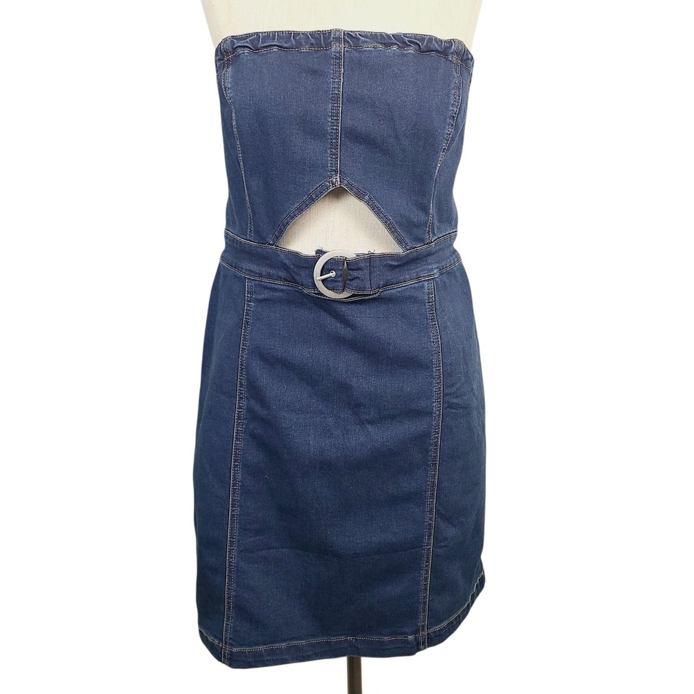 Free People As If Strapless Denim Mini Dress‎ L Dark Wash Belted Cutout Zip Back